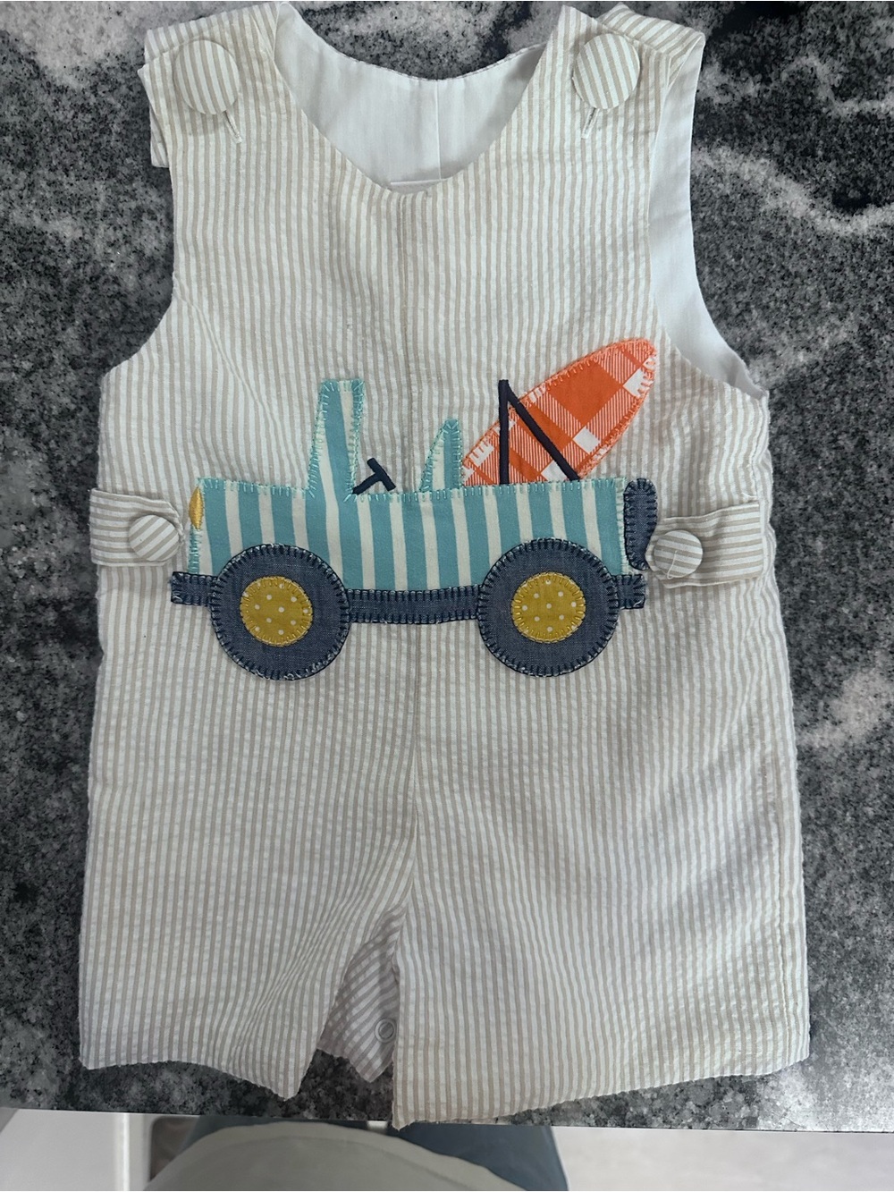 Striped Cream Kids One-Piece with Surf Truck Appliqué. Natalie Grant seersucker.